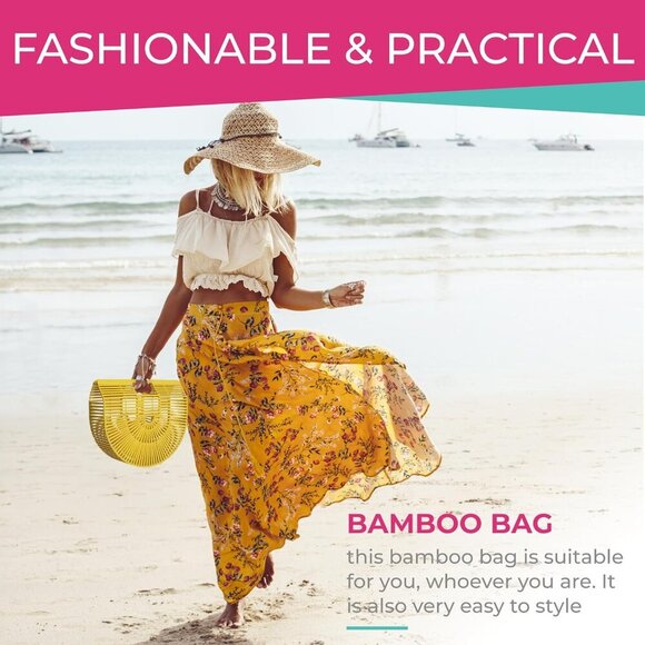 Women's Bamboo Handbag, Yellow, Handmade Tote for Summer, Great Gift for Birthda - Picture 2 of 7